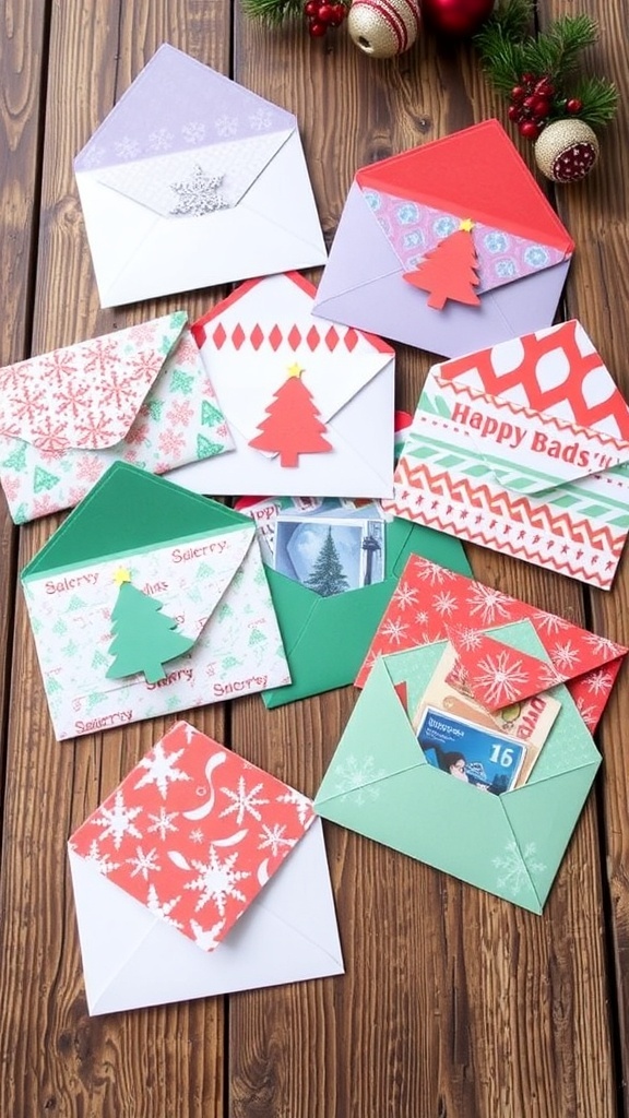 A variety of DIY Christmas card envelopes in festive designs on a wooden table.